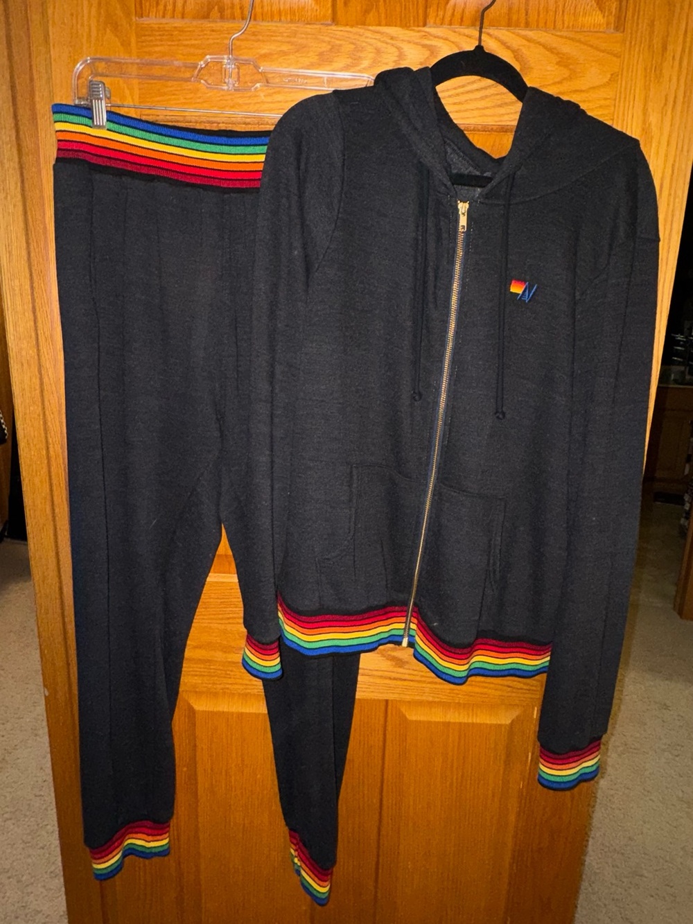 Aviator Nation Black Hoodie & Jogger Pajama Set with Rainbow Trim